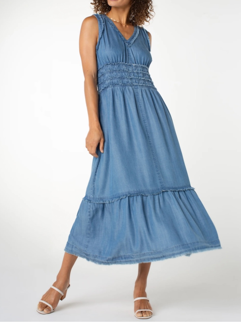 Liverpool Chambray Frayed-Trim Maxi Dress